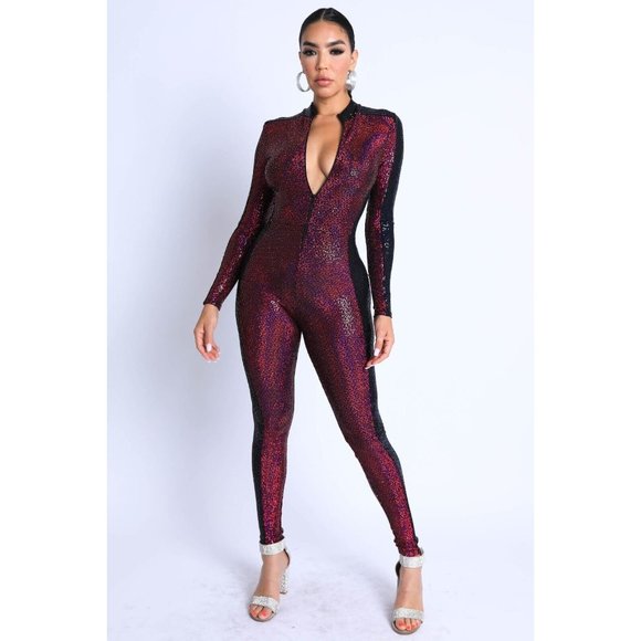 Women's Sexy Side Line Colorblock Zip Up Sequins Jumpsuit Party Club Outfit Jump - Picture 2 of 16